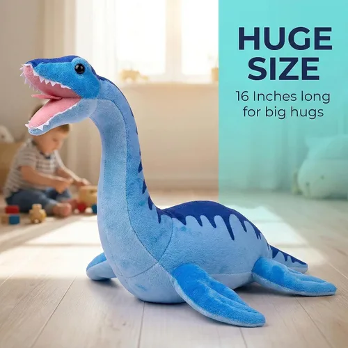 Vista 4 de Juguete de peluche de dinosaurio de Plesiosaurio de simulación, juguete de peluche de dinosaurio azul de 16 pulgadas, figuras de peluche suaves