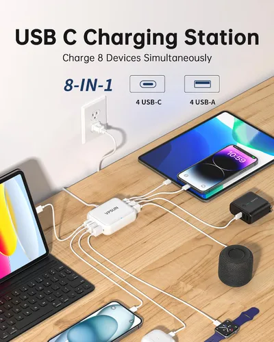 Vista 2 de Cargador USB C de 8 puertos, estación de carga rápida para múltiples dispositivos, concentrador de carga USB multipuerto para iPhone, Samsung