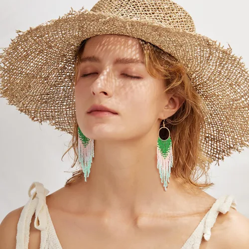 Vista 2 de Aretes de borla hechos a mano, aretes de cuentas de semillas, aretes bohemios con flecos para mujeres y niñas