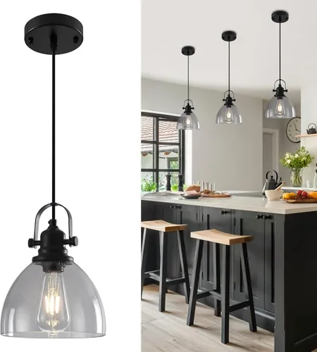 Vista 19 de Luces Colgantes de Vidrio para Isla de Cocina, 7.5 pulgadas Luces Colgantes de Vidrio Dorado 1-Paquete, Lámpara Colgante Moderna con Pantalla