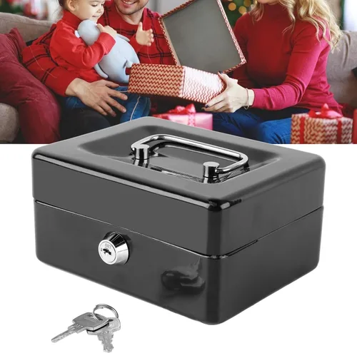 Vista 4 de Pyhodi Caja de dinero con cerradura de dos llaves, caja fuerte de metal pequeña con bandeja de dinero, organizador de dinero seguro para dinero