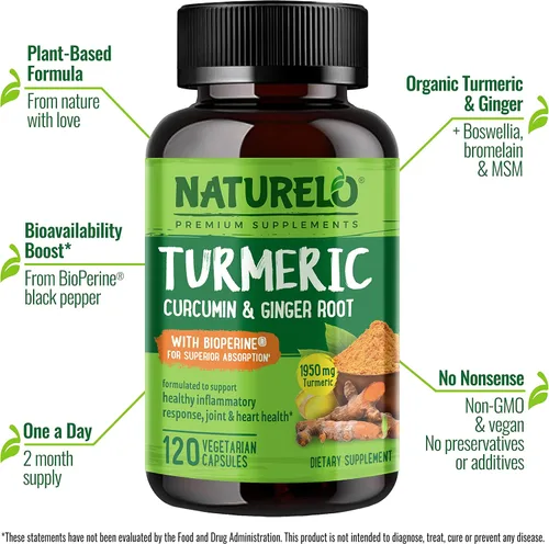 Vista 4 de NATURELO Curcumina tumérica, soporte articular a base de plantas, glicinato de magnesio, 200 mg de magnesio, sin gluten, sin OMG, 120 cápsulas
