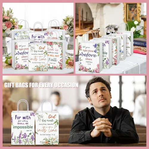 Vista 7 de Yeaqee 24 bolsas de regalo religiosas cristianas a granel con asas, 6 estilos reutilizables, flores religiosas, bautismo religioso, versículo