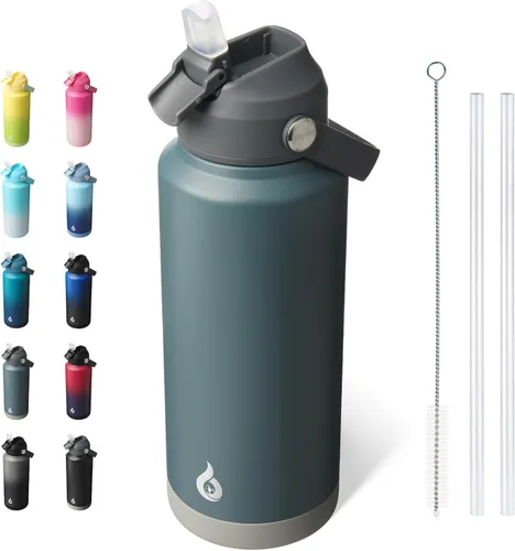 Vista 30 de BJPKPK - Botella de agua aislada con tapa de popote, 532 ml Botellas termo con boquilla suave, asa flexible y base antideslizante, libre de BPA, a