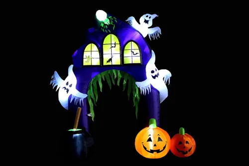 Vista 6 de Arco de castillo inflable de Halloween de 9 pies de alto Caldero de fantasmas de araña, calabazas y luces LED, para interiores y exteriores