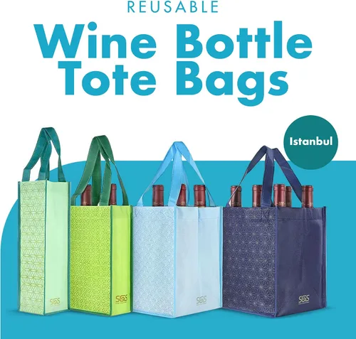 Vista 2 de Simply Green Solutions - Bolsas reutilizables de regalo de vino con asas, portabotellas para 1-6 botellas, juego de 4, Estambul
