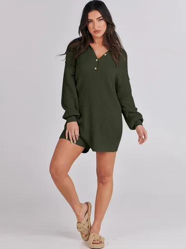 Vista 7 de ANRABESS Enterizo de suéter para mujer, trajes de otoño 2023, a la moda, largo, Henley, cuello en V, overol de punto para descansar