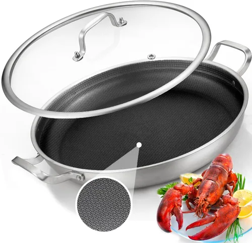 Vista 10 de Yeksum - Sartén de acero inoxidable de tres capas para paella, sartén grande con tapa (acero inoxidable híbrido, 12 pulgadas)