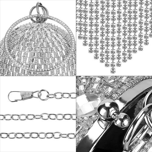Vista 4 de Bolso de mano redondo para mujer pequeño bolso de noche de cristal deslumbrante borla de diamantes de imitación boda fiesta bolso cruzado con asa