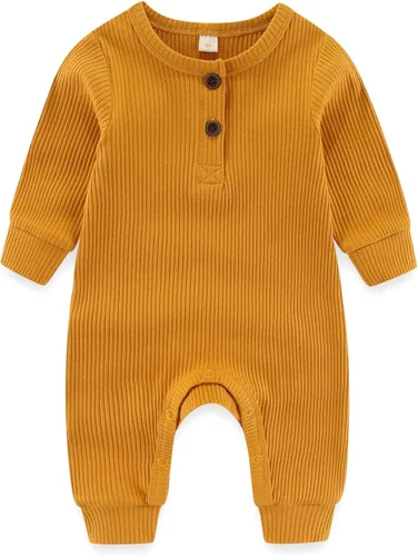 Vista 3 de IADOER Mameluco de una pieza para bebés recién nacidos niños y niñas con puños de manopla, paquete de 3, manga larga acanalado con botones, conjunto