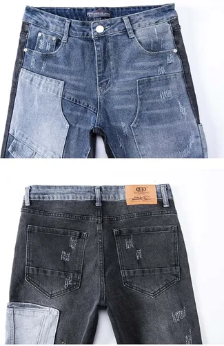 Vista 7 de SABATUTU Pantalones de mezclilla ajustados para hombre, elásticos, rasgados, desgastados, de pierna recta, a la moda, cintura alta y flexible