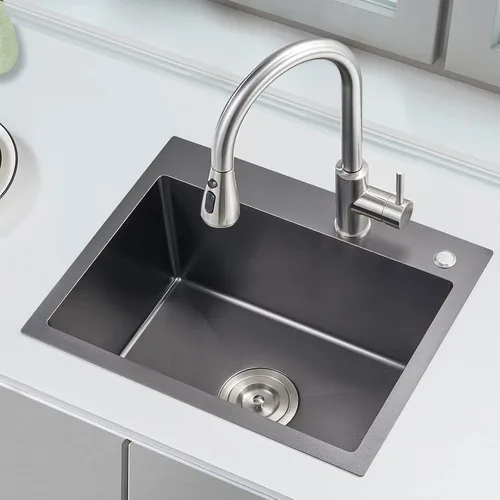 Vista 14 de Fregadero de barra empotrable de 13 × 15 pulgadas negro - Fregadero de cocina pequeño de montaje superior de un solo cuenco, hecho a mano de acero