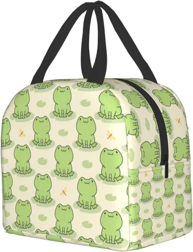 Vista 2 de Lonchera con diseño de rana y libélula, lonchera con aislamiento, reutilizable, impermeable, con bolsillo frontal para oficina, picnic, senderismo
