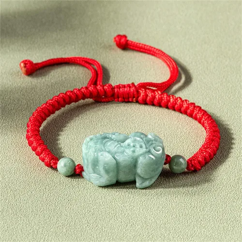 Vista 2 de Pulsera de cuerda roja Pixiu de jade jadeíta natural de grado A, campana, Plata, Sin aplicación