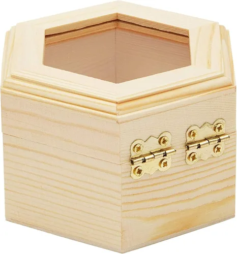 Vista 5 de Joyero de madera hexagonal sin terminar con ventana y hebilla francesa (paquete de 3)