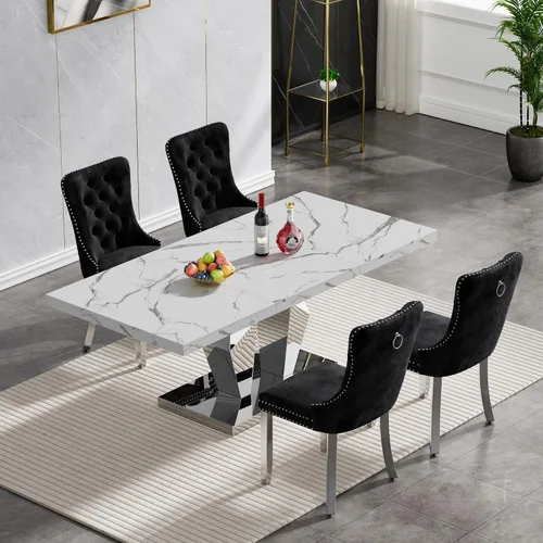 Vista 73 de Juego de mesa de comedor de mármol sintético, 7 piezas, juego de mesa de cocina y comedor para 6, mesa de comedor rectangular blanca de 70 pulgadas