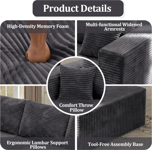 Vista 5 de Sofá modular en forma de L de 118 pulgadas, moderno sofá modular de pana de espuma viscoelástica de 4 plazas con otomana, asiento profundo tapizado