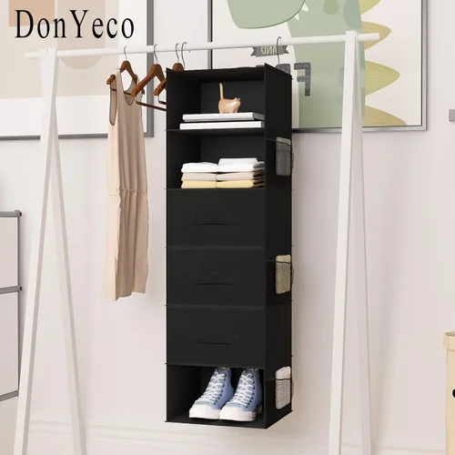 Vista 4 de Organizador colgante de armario de 6 estantes con cajones, almacenamiento de ropa plegable, portátil, estantes colgantes para ropa y zapatos, 47 x