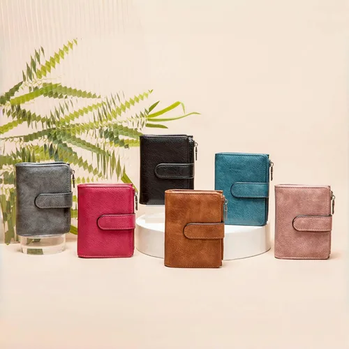 Vista 7 de Cartera pequeña de cuero vegano para mujer, billetera plegable y compacta con bolsillo para monedas con cremallera, Negro, Moderno