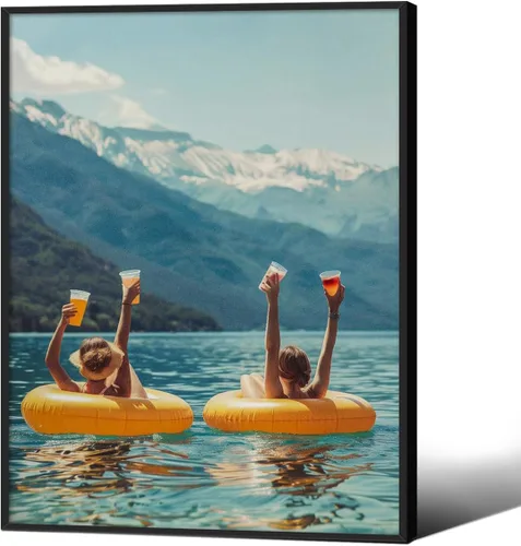Vista 11 de Arte de pared costero de verano rosa pastel playero surfing pósteres de vaquera, impresiones en lienzo estéticas de 08 x 10 pulgadas, marco negro