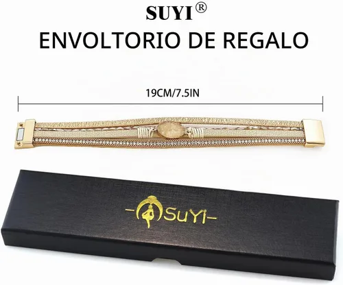 Vista 7 de Suyi Pulsera trenzada de cuero multicapa para mujer, con hebilla magnética Perla Caqui1