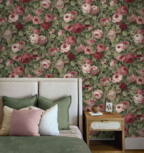 Vista 3 de NextWall Rose Garden Papel Tapiz Floral de Despegar y Pegar (Granate y Albahaca)