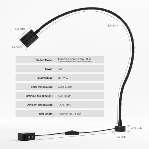 Vista 6 de Luz de trabajo magnética LED de 15.748 in Lámpara de cuello de cisne flexible 500 lúmenes 120 voltios para máquina de coser, torno de fresado