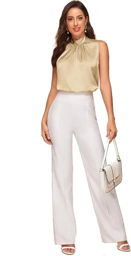 Vista 5 de Verdusa Blusas elegantes de satén sin mangas para mujer, plisadas en la espalda, trajes de trabajo elegantes