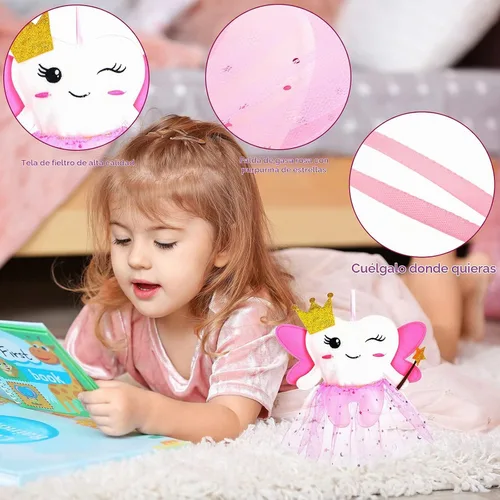 Vista 4 de Breling Kit de almohada de hadas de dientes para niñas, regalo de dientes rosados, lindo soporte para dientes