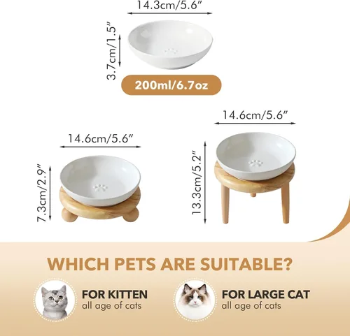 Vista 2 de Havniva - Juego de cuencos elevados para gatos, comida y agua, cuenco de cerámica para gatos Raised Cat Food Bowls, Whisker Friendly, 5.6” Shallow