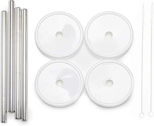 Vista 5 de (4 pajitas de té Boba, 4 tapas de tarro Mason y 2 limpiadores de pajitas) Wide reusable stainless steel boba straws with mason jar lids and