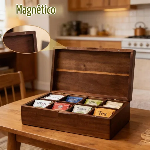 Vista 2 de Organizador de bolsas de té de madera de acacia con compartimentos