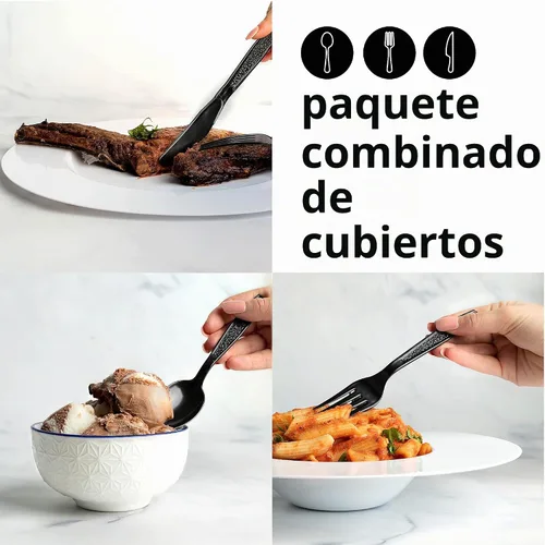 Vista 3 de Juego de cubiertos de plástico pesado, 200 tenedores, 100 cuchillos, 100 cucharas, combo de cubiertos desechables (negro)