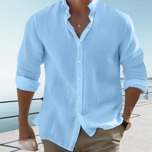 Vista 4 de Camisas de algodón para hombre, de manga larga, con botones, con cuello liso, camisetas casuales para la playa