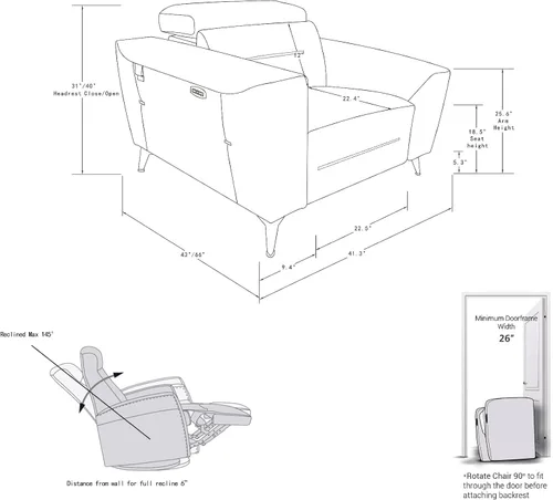Vista 4 de BlackJack Furniture Ferrara - Sofá reclinable de cuero italiano de grano superior con puertos USB para cargar dispositivos, reposacabezas ajustables