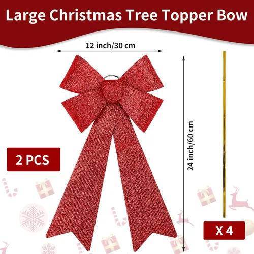 Vista 2 de 2 Piezas Lazos LED para Coronar Árbol de Navidad - 24"x12" Decoraciones Navideñas Grandes Preiluminadas Con Luces - Funciona con Pilas para Corona