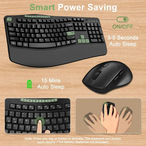 Vista 5 de Combo de teclado y mouse inalámbricos, teclado ergonómico con 6 teclas multimedia, teclado de tamaño completo 2.4G con reposamuñecas, mouse