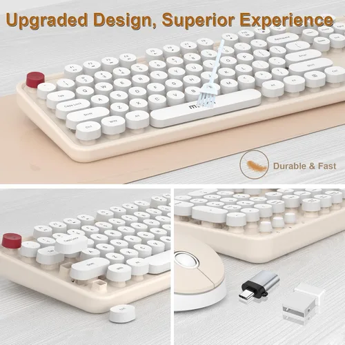 Vista 3 de MOFII - Combo de teclado y mouse inalámbricos, 104 teclas redondas retro de tamaño completo, teclados ergonómicos y mouse inalámbricos para Windows
