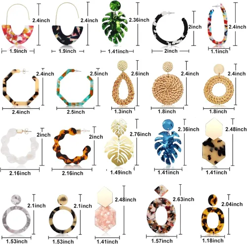 Vista 5 de FIFATA - Aretes colgantes para mujeres y niñas, 20 pares de aretes colgantes de resina acrílica moteada, aretes bohemios de ratán de moda, joyería