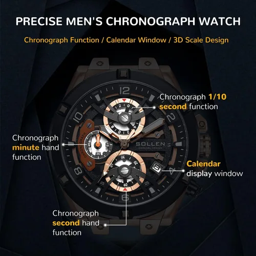 Vista 4 de SOLLEN Men's Chronograph Watch, Analog Quartz Watches for Men, Fashion Sport Wrist Watches with Silicon Strap, 30M Waterproof Casual Dress Work
