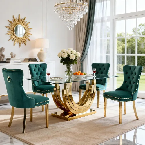 Vista 36 de SSLine Mesa de comedor de cristal dorado de 70 pulgadas para 4-6, base de Mesa de oro floral