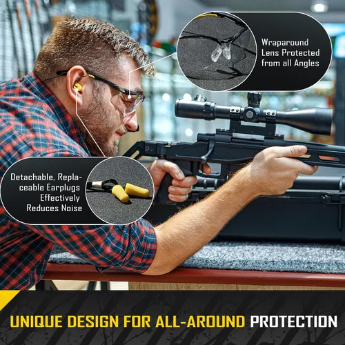 Vista 5 de COOLJOB Gafas de seguridad antivaho con lente transparente antiarañazos, ANSI Z87.1. Gafas de protección contra impactos y UV con tapones de oído