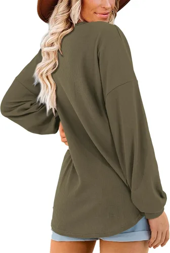 Vista 5 de Beluring Women's Shirts V Neck Long Sleeve Waffle Knit Button Up Tunic Tops Blouse verde militar (s-army green)