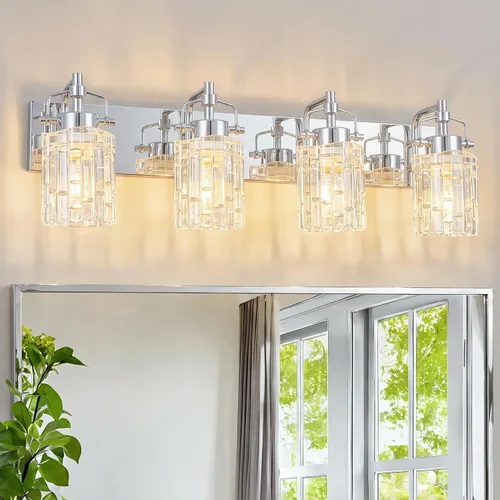 Vista 8 de Luz de Tocador de Baño de 2 Luces Moderna con Soporte de Vidrio de Cristal Luz de Baño Negra Accesorios de Iluminación de Tocador de Cristal