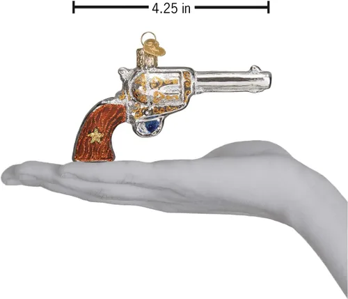Vista 5 de Old World Christmas Western Revolver - Adorno de cristal soplado para árbol de Navidad, decoración navideña hecha a mano, colección occidental