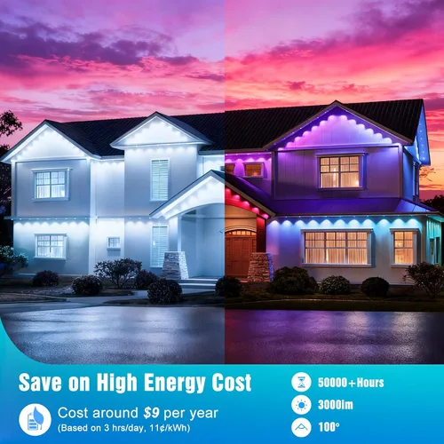Vista 5 de Luces permanentes para exteriores de la casa, 200 pies, RGB+IC, luces inteligentes para aleros con color DIY, IP67 impermeables, control