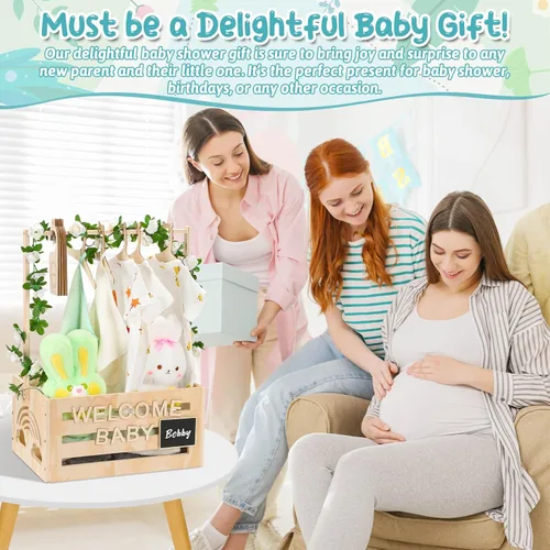 Vista 7 de Jupwalz Armario de madera para baby shower con perchas, letras, divisores, cesta de fácil montaje para niños recién nacidos, regalos de embarazo