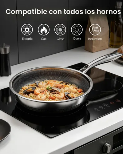 Vista 7 de FogDream Sartén antiadherente de 10 pulgadas con tapa, sartén híbrida de acero inoxidable de panal, compatible con inducción de tres capas, sartén