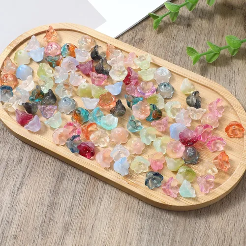 Vista 3 de 100 cuentas de cristal con forma de campana, mezcla de arco iris, cuentas de flores checas para hacer joyas, cuentas de vidrio pequeñas