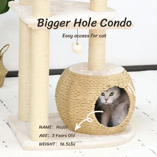 Vista 3 de KAMABOKO Árbol Moderno para Gatos, Torre de 53 pulgadas para Gatos de Interior, Postes Rascadores de Sisal Natural, Condominio Tejido a Mano
